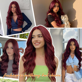 FEIVOSILAN 26-inch burgundy wig with soft, stylish waves