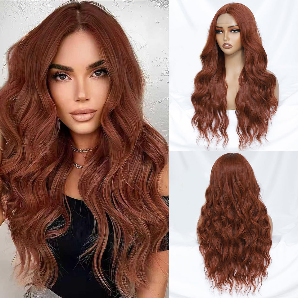 FEIVOSILAN Auburn wig long wavy 26-inch for everyday style and natural look.