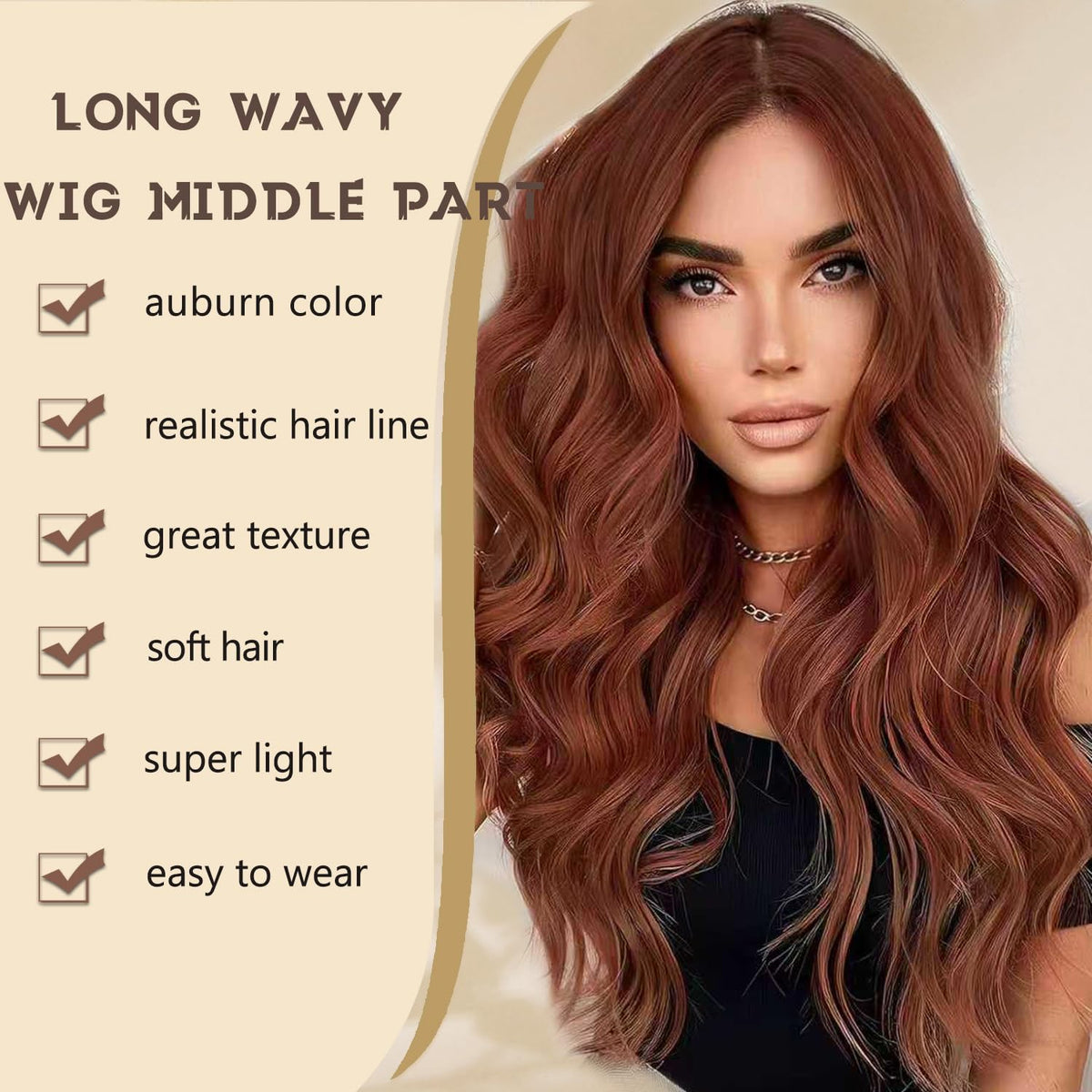 FEIVOSILAN Auburn wig middle-part for versatile styling and a seamless part line.