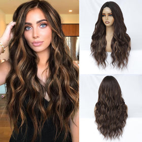 FEIVOSILAN brown highlight wig with long waves for daily wear.