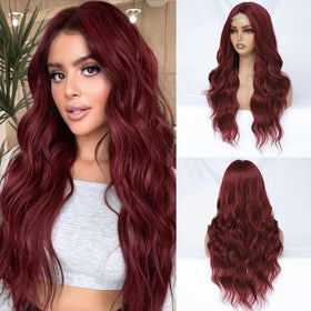 FEIVOSILAN Burgundy wig with long wavy middle part for daily wear