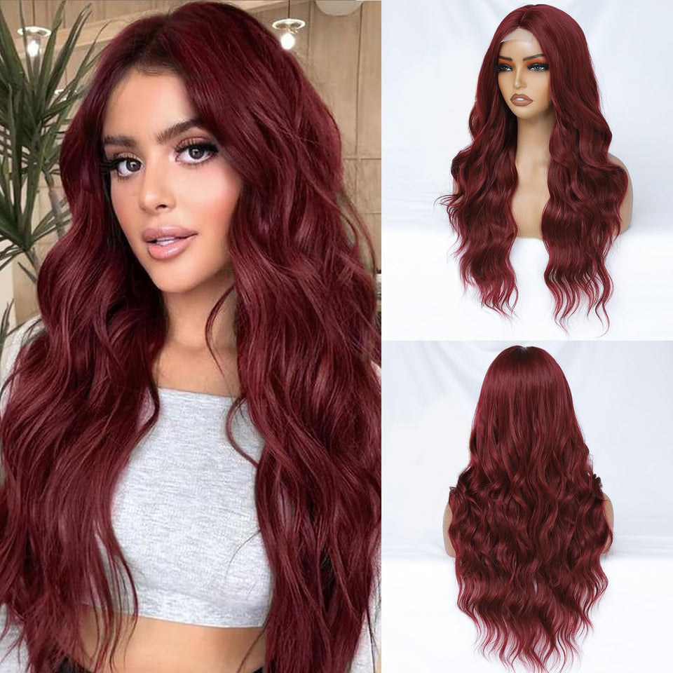 FEIVOSILAN Burgundy wig with long wavy middle part for daily wear