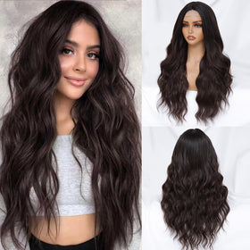 FEIVOSILAN dark brown wig with long waves and a middle part for daily wear
