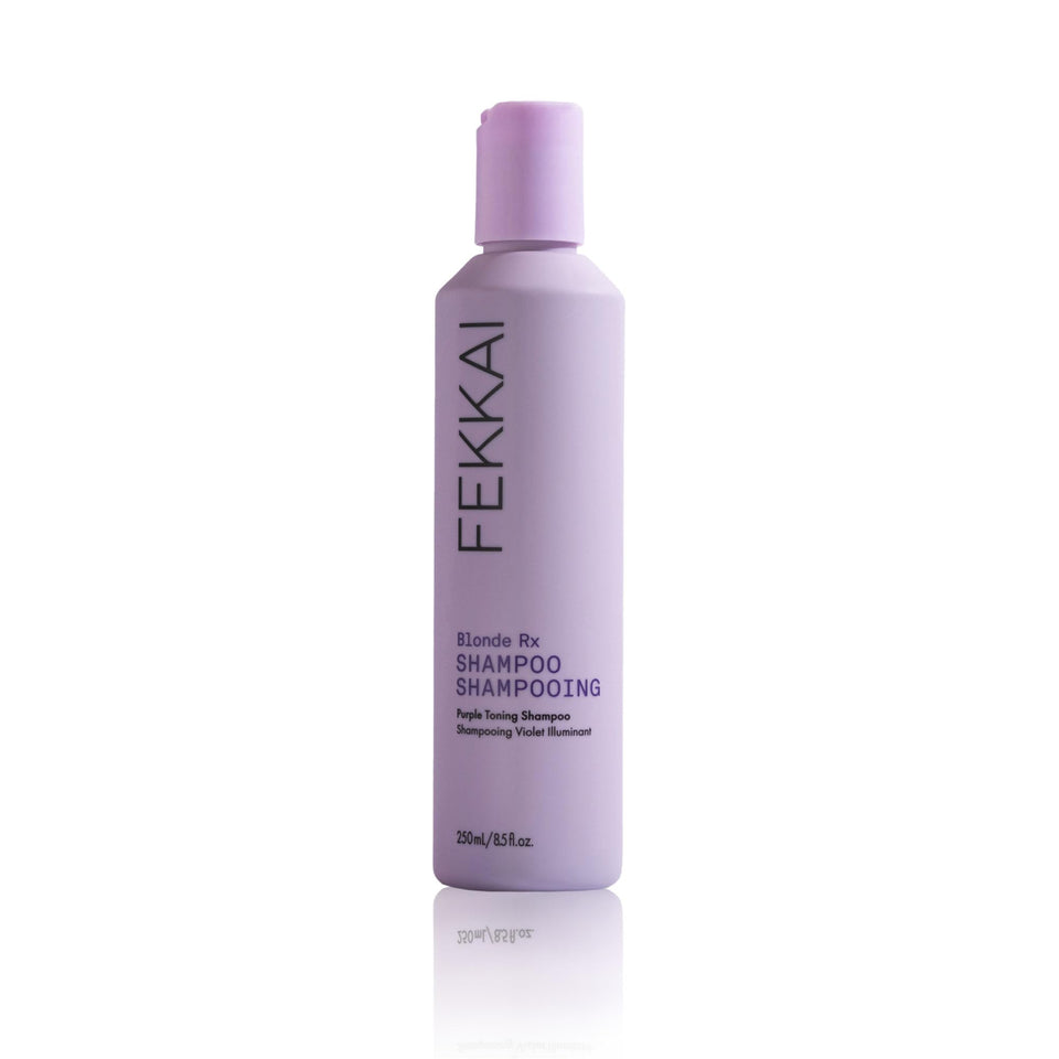 Fekkai Blonde Rx Purple Shampoo bottle showing violet pigments for brass neutralization