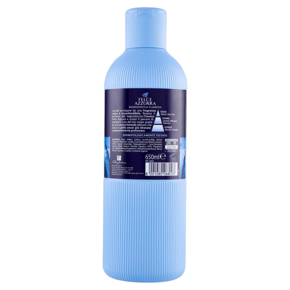 Felce Azzurra Original bottle back with scent notes and safety details.