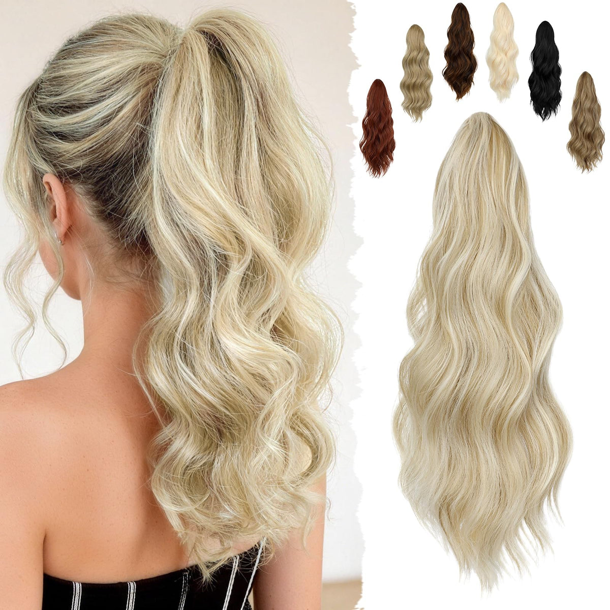 FELENDY 16-inch wavy ponytail clip shows natural-length blend for everyday wear.