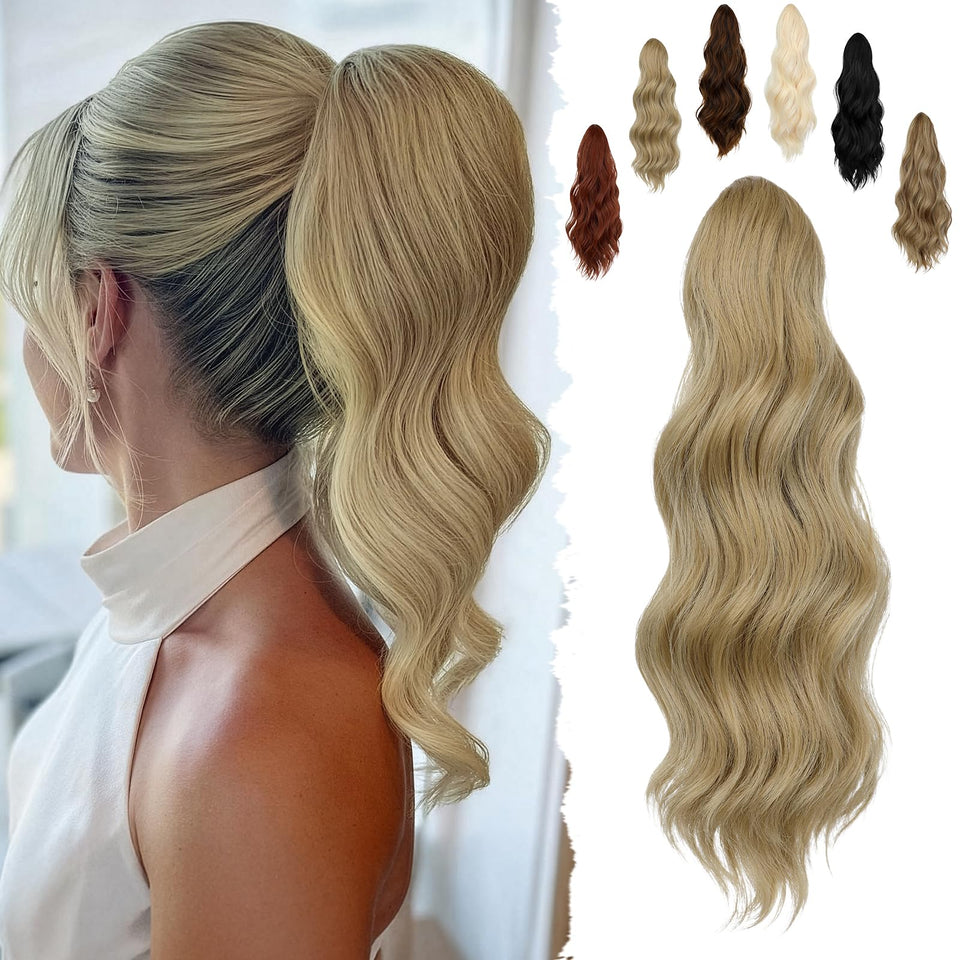 FELENDY 16-inch ash blonde ponytail clip-in close-up with natural texture for seamless blend