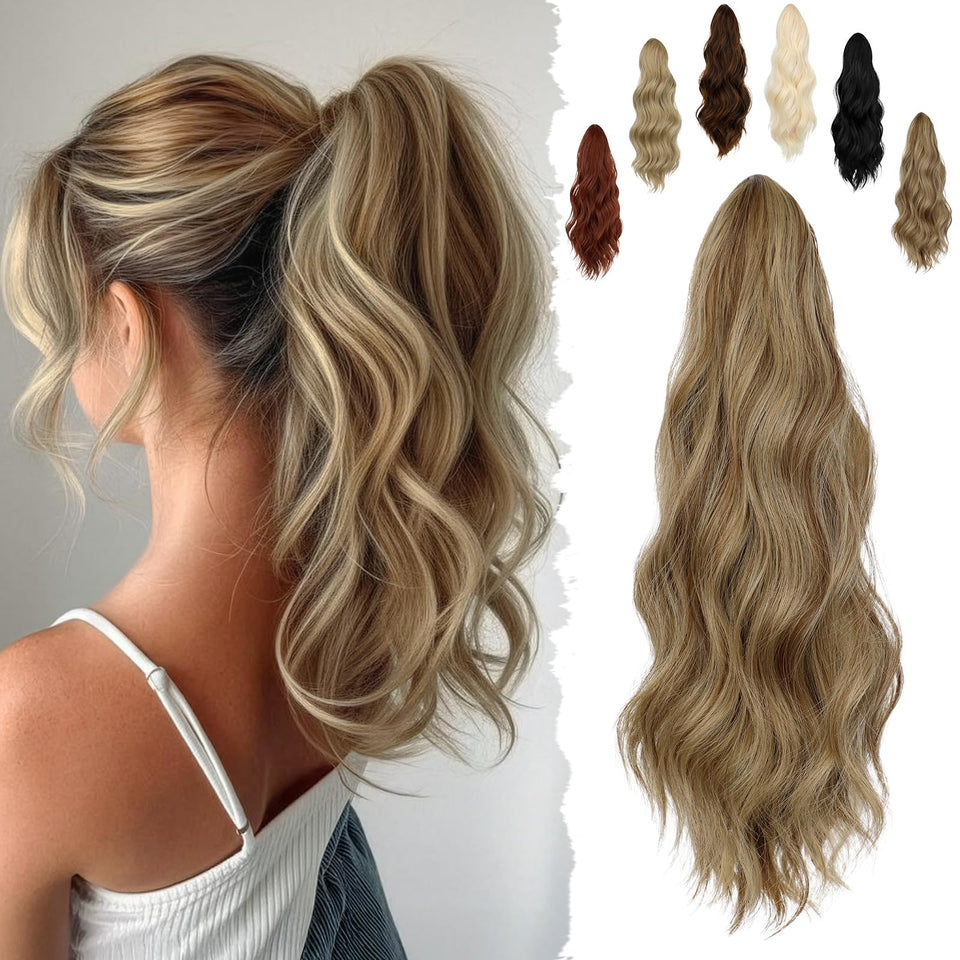 FELENDY 16-inch pony-tail extension closeup shows lightweight clip for all-day wear.