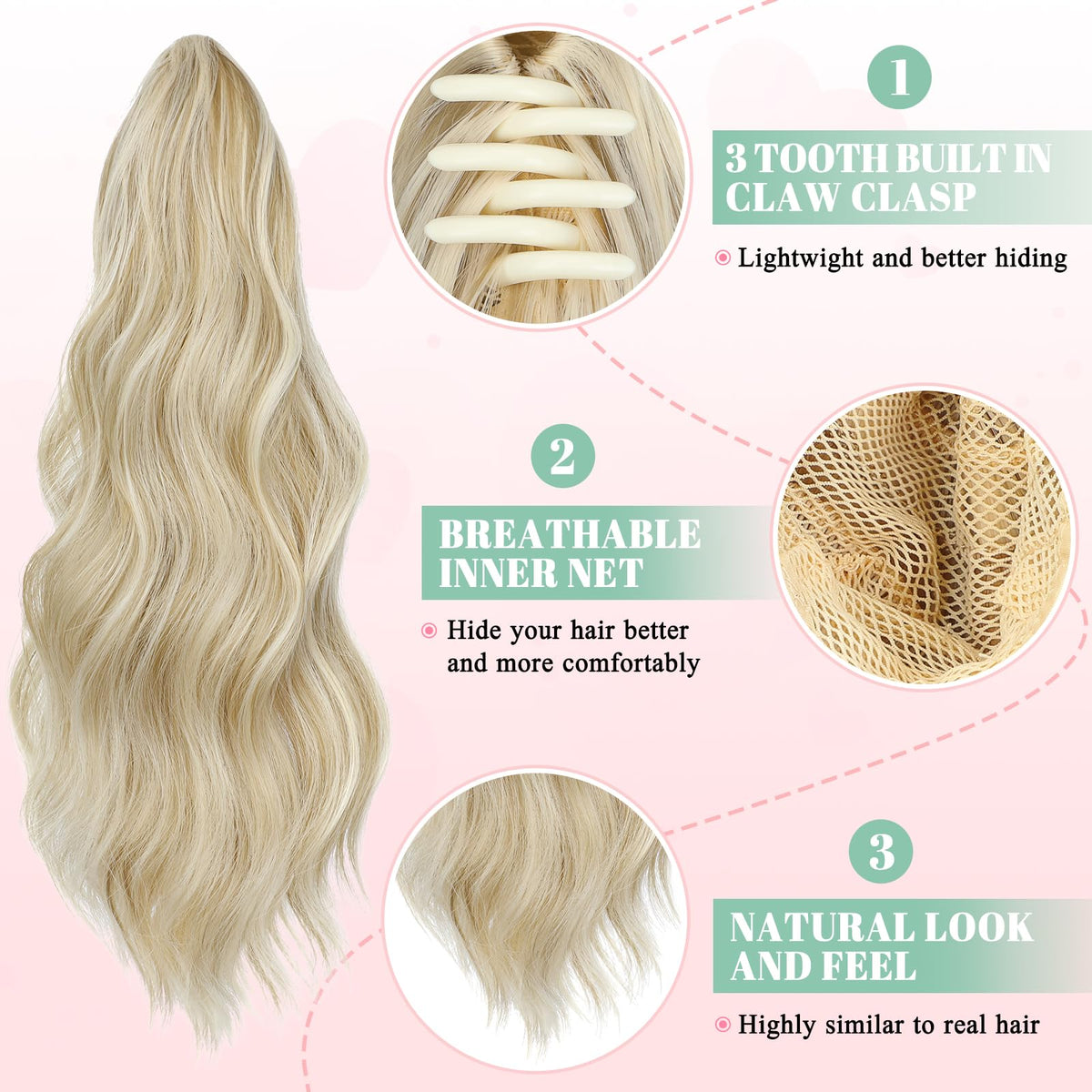 Close-up of FELENDY ash blonde mix ponytail texture matching natural hair.