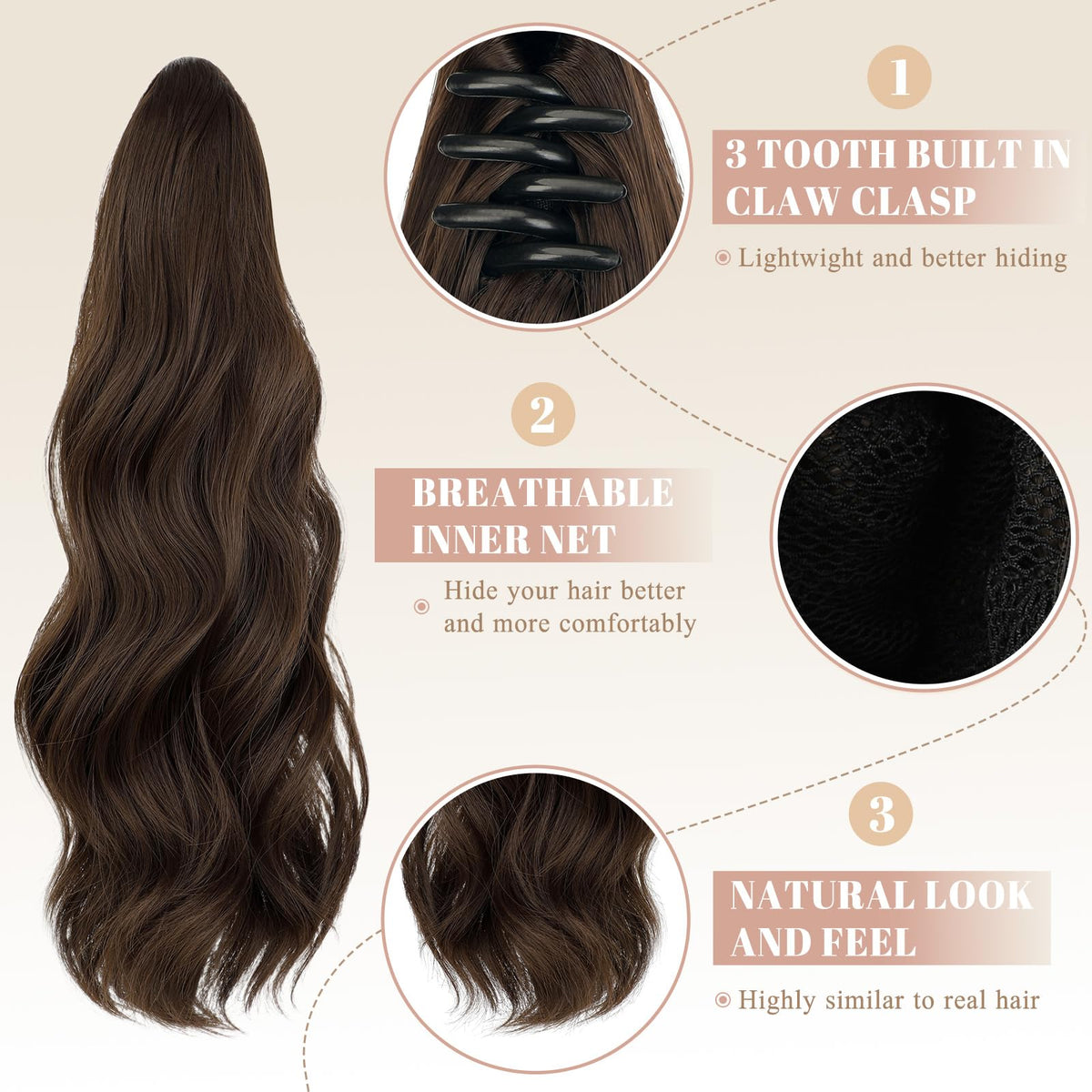 FELENDY synthetic pony tail provides a natural look and comfortable all-day wear.