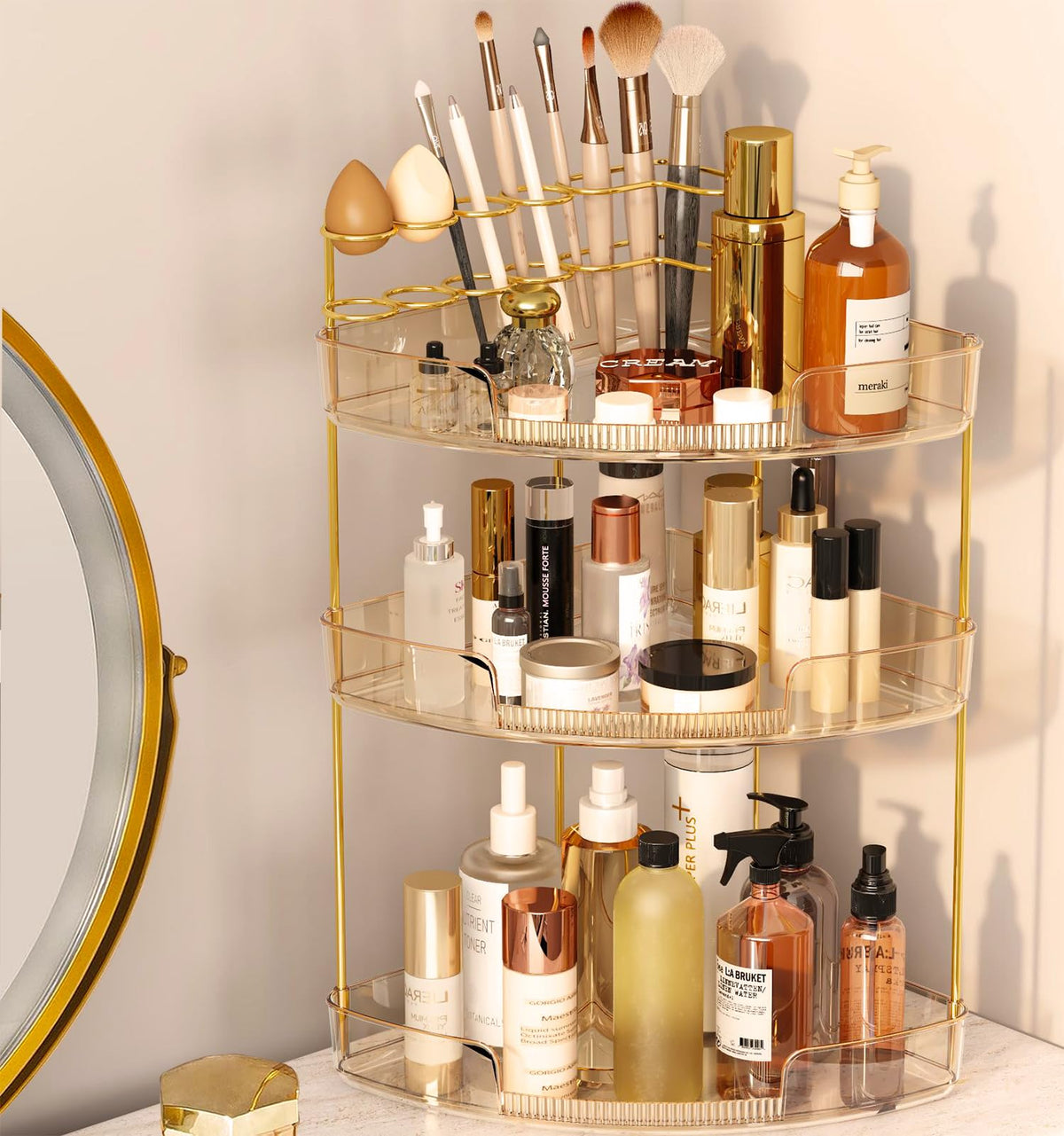 FELIZHOUSE amber 3-tier corner organizer keeps cosmetics tidy and accessible on vanity