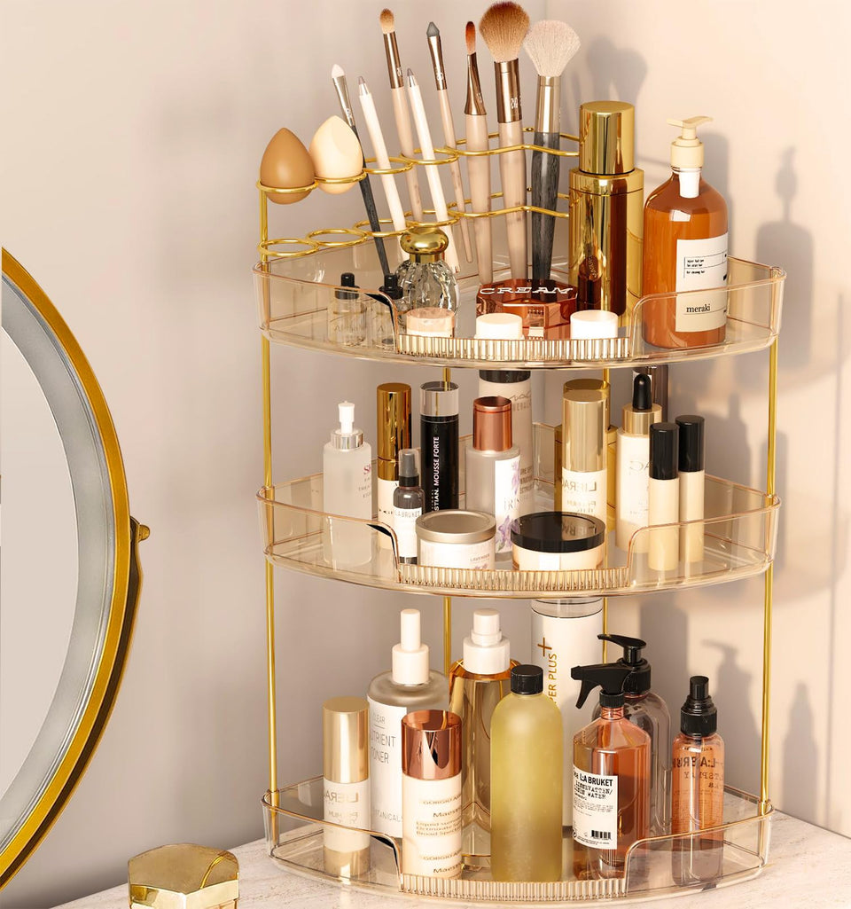 FELIZHOUSE amber 3-tier corner organizer keeps cosmetics tidy and accessible on vanity