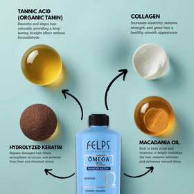 Felps Omega Zero ingredients panel highlights aloe vera and chamomile.