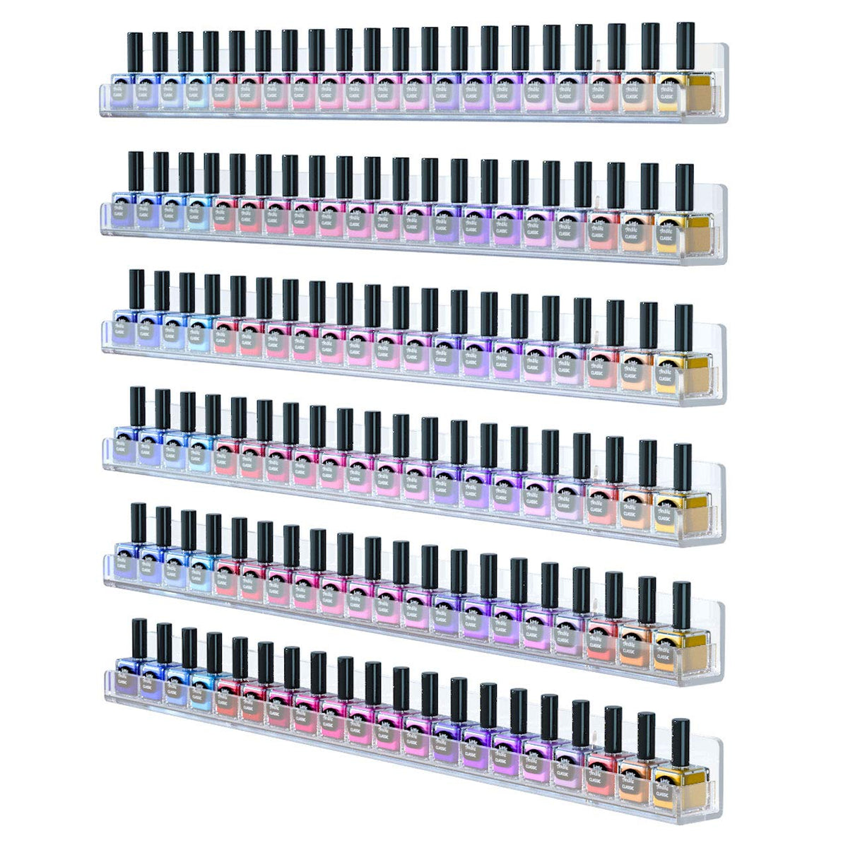 FEMELI 24-inch nail polish wall rack with six clear shelves for organized colors.