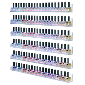FEMELI 24-inch nail polish wall rack with six clear shelves for organized colors.