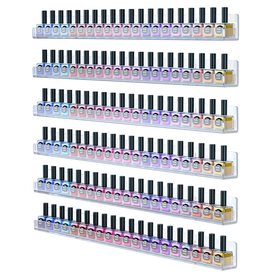 FEMELI 24-inch nail polish wall rack with six clear shelves for organized colors.