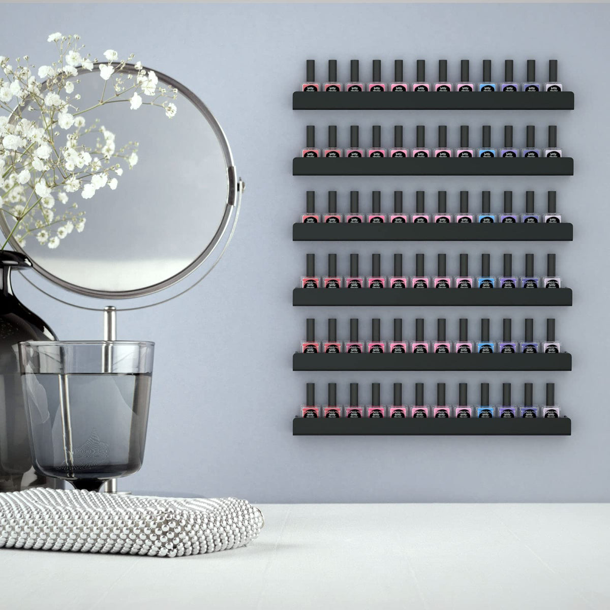 FEMELI six-shelf system keeps makeup and nail polish organized
