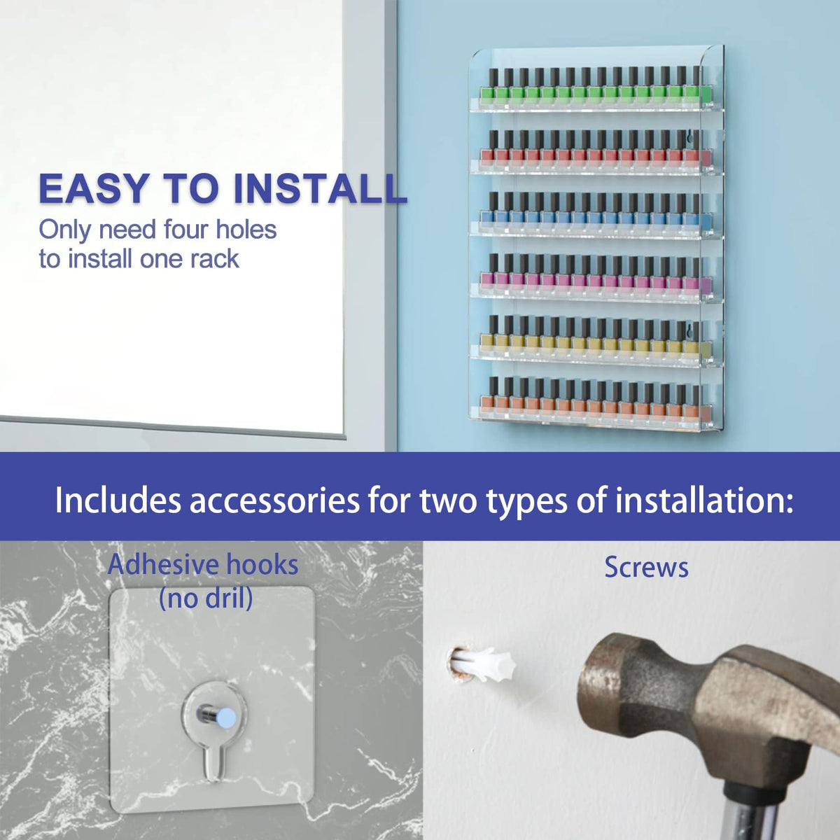 FEMELI wall mounted rack installed to save counter space and keep polishes within reach.