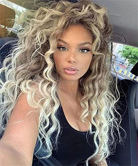 Fencca ash blonde long curly wig with ombre waves for daily wear.