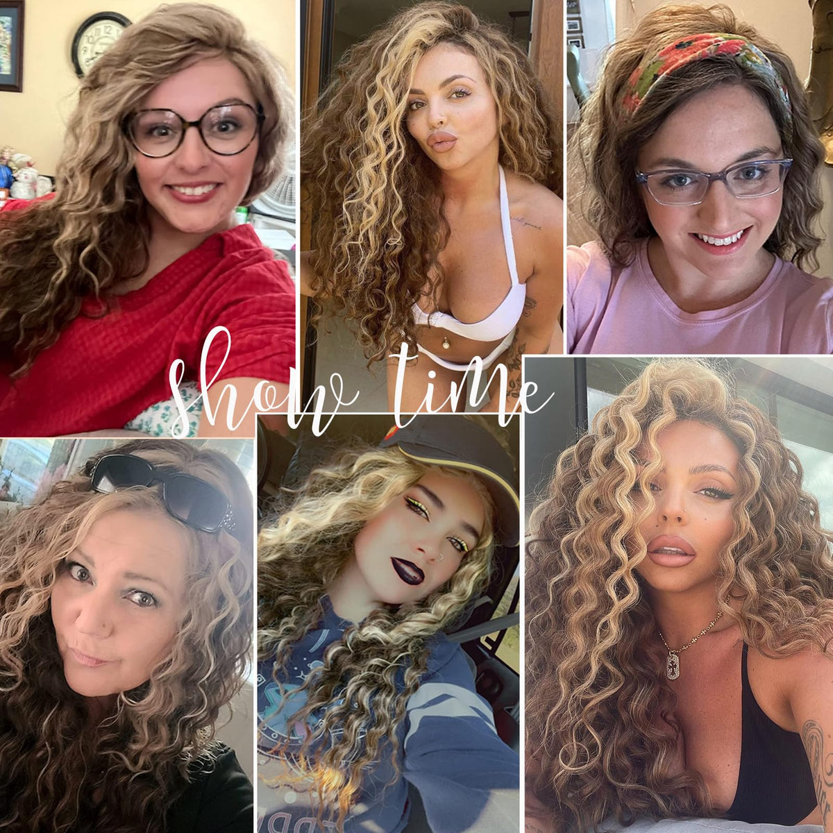 Fencca brown highlights long curly wig 24-inch length for dramatic volume.