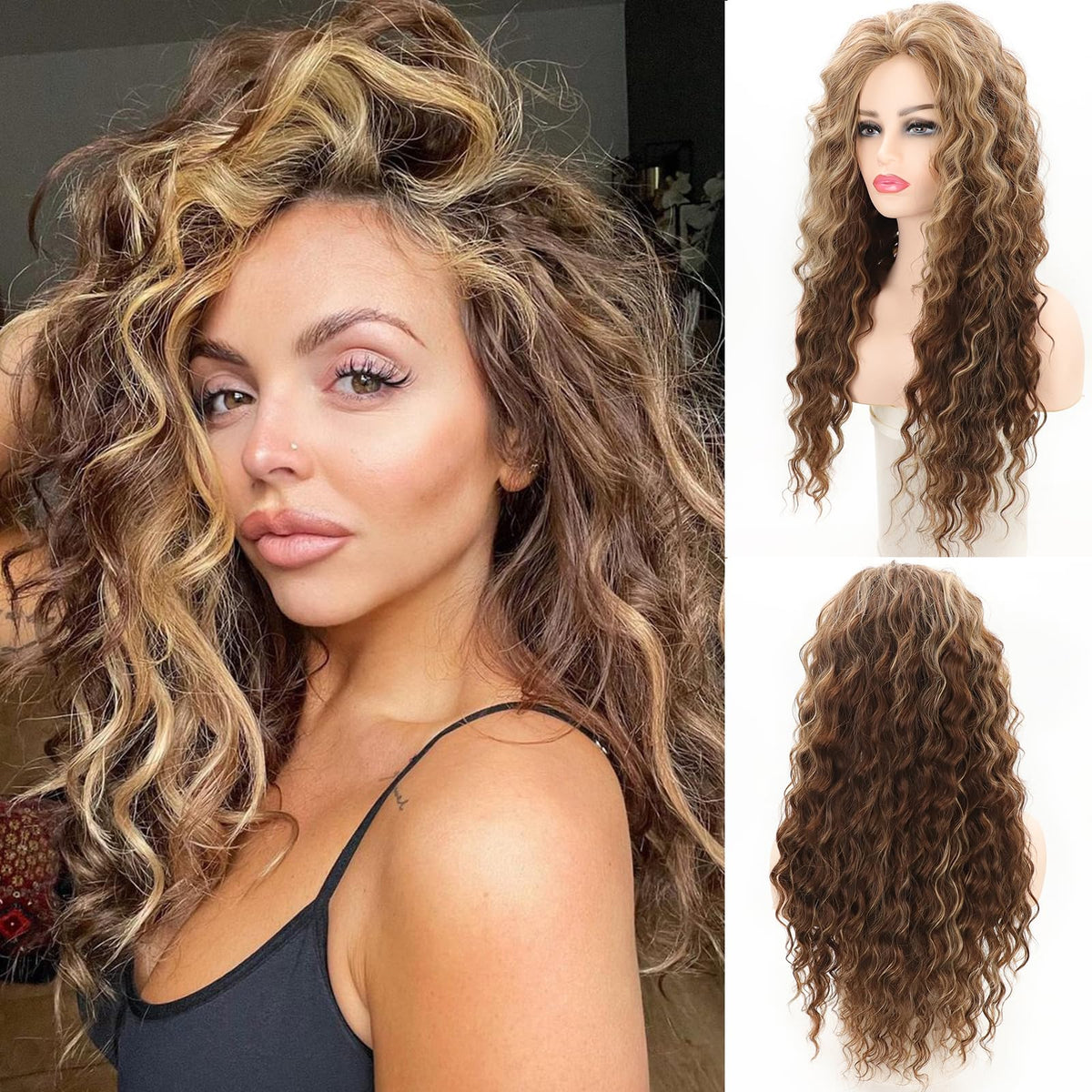 Fencca brown highlights long curly wig adjustable cap for a secure fit.