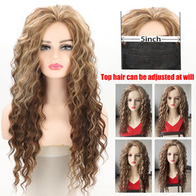 Fencca brown highlights long curly wig close-up curls for realistic texture.
