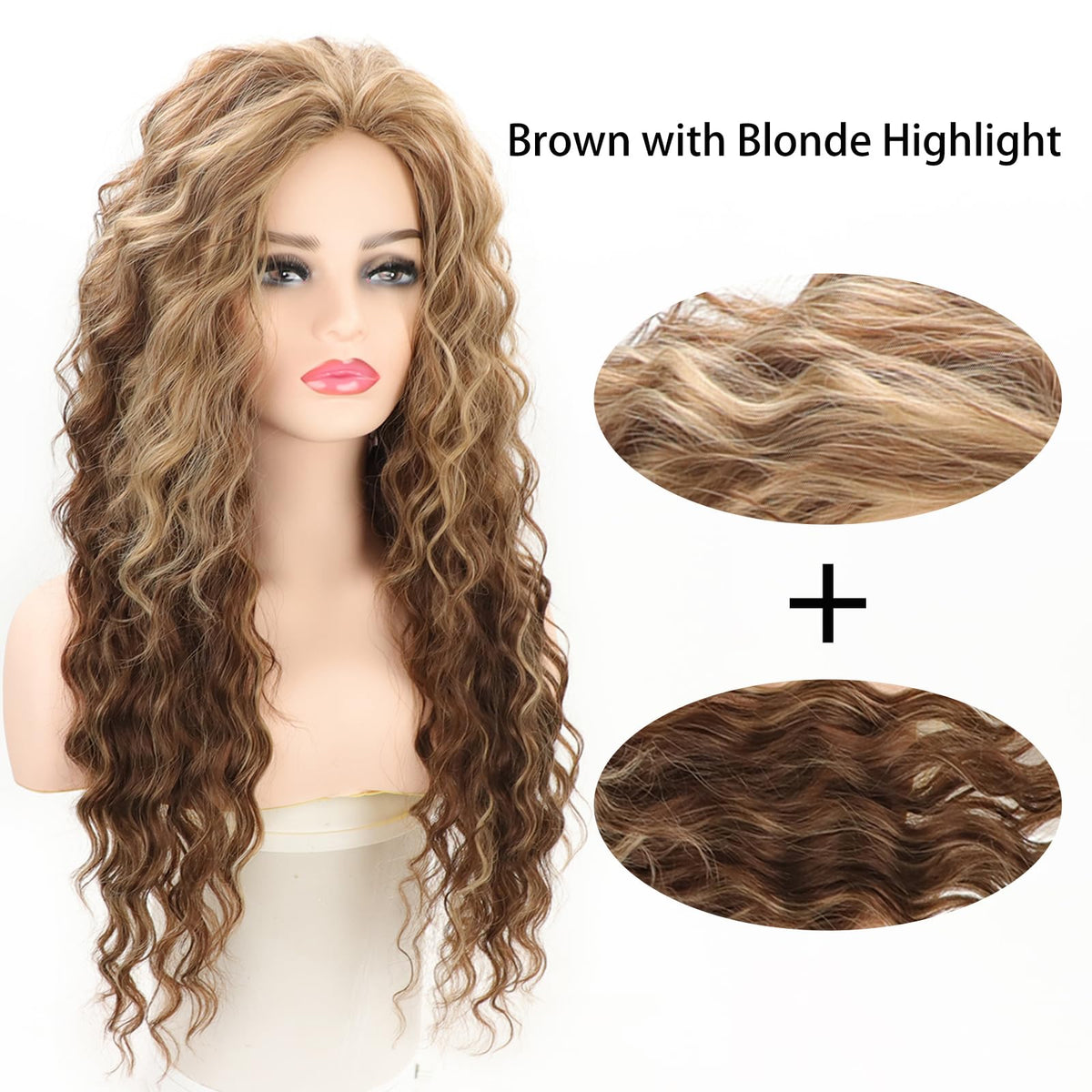 Fencca brown highlights long curly wig daily wear look with soft fibers.