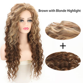 Fencca brown highlights long curly wig daily wear look with soft fibers.