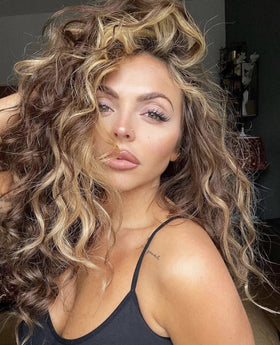 Fencca brown highlights long curly wig front view for daily wear with natural bounce.