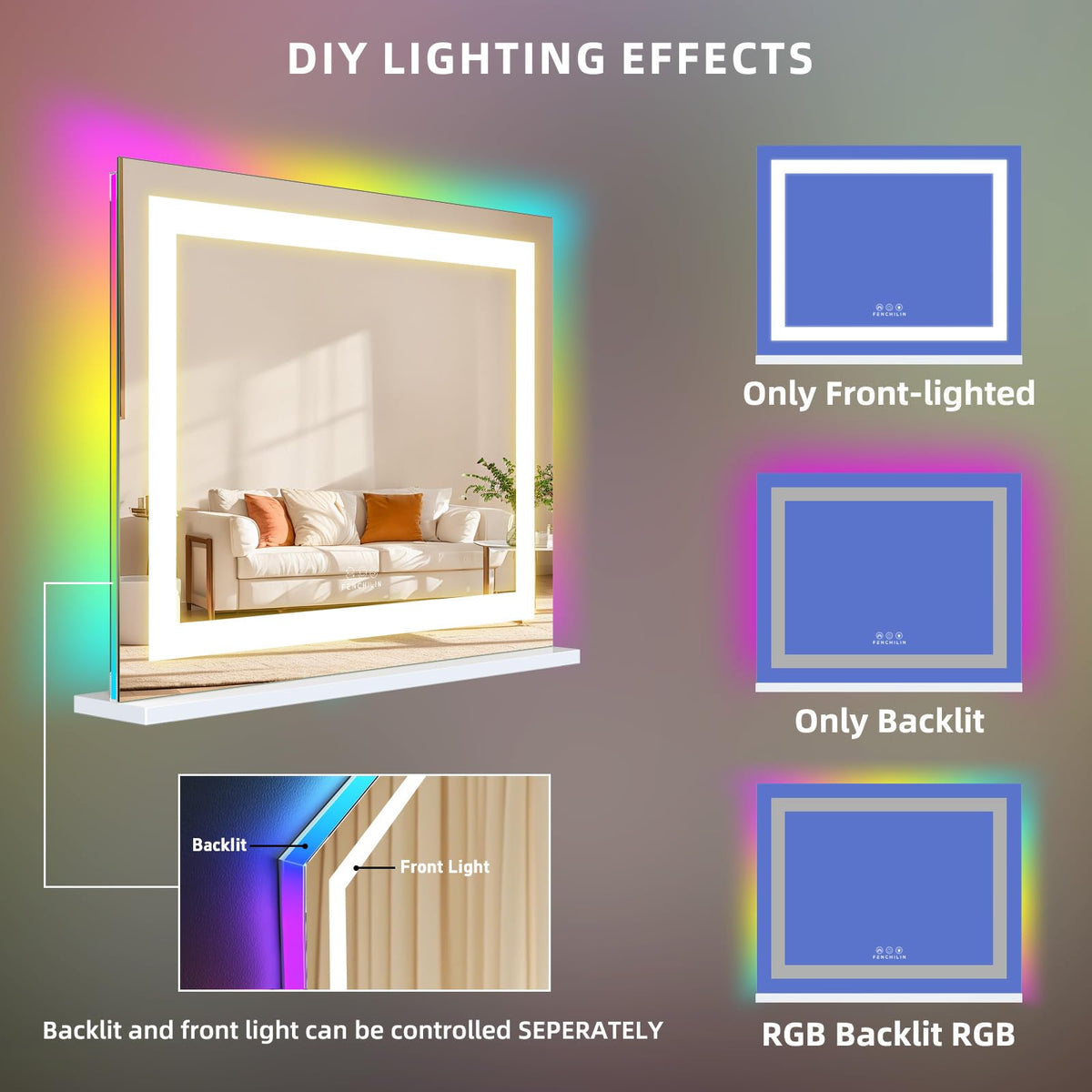 FENCHILIN vanity mirror with smart touch controls for brightness and color