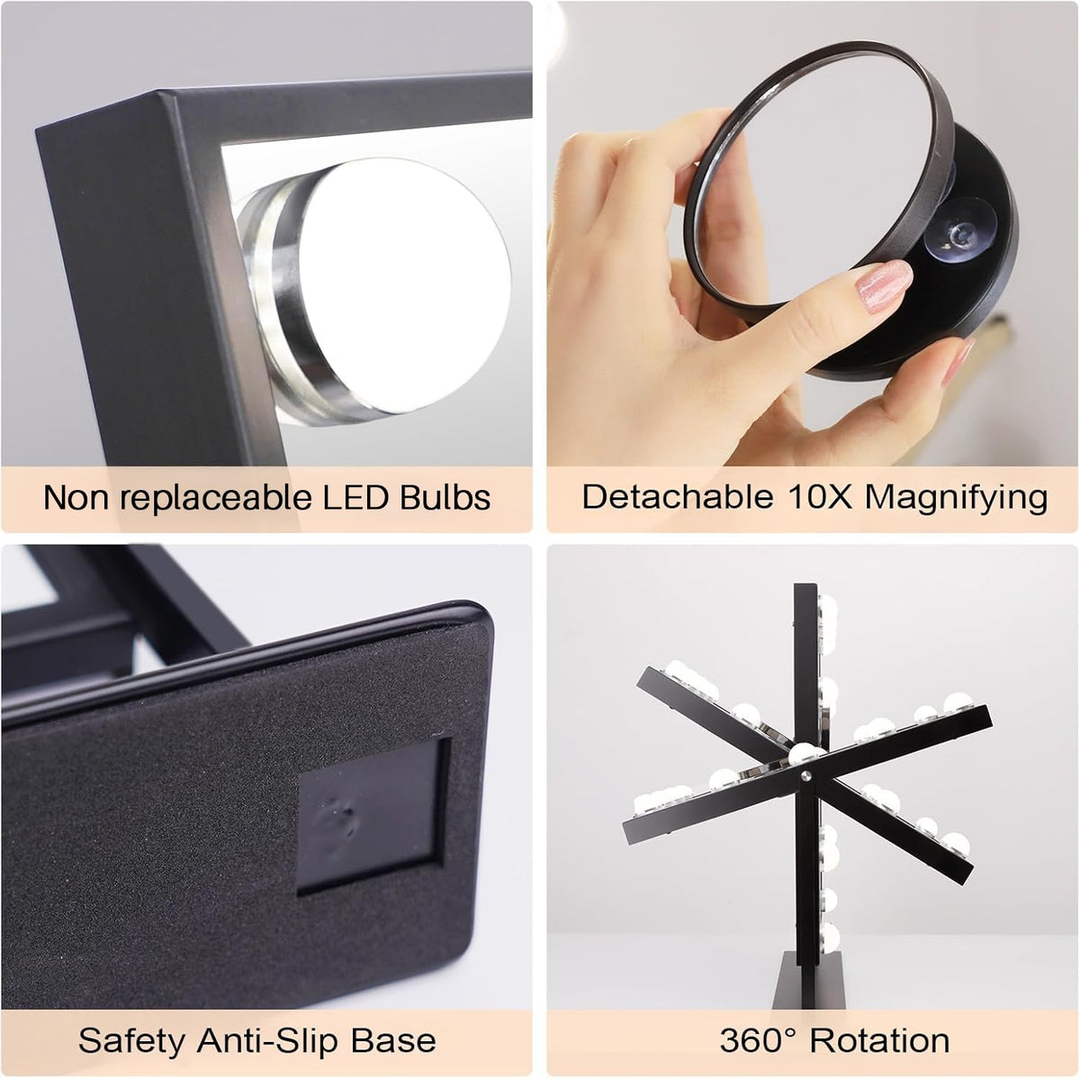 Fenchilin vanity mirror detachable 10x magnification for close-up makeup detail.