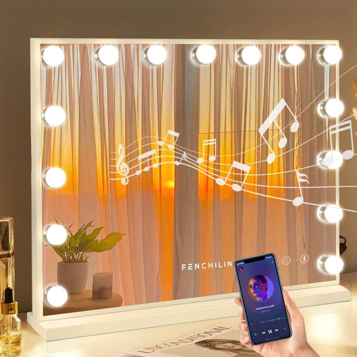 Fenchilin vanity mirror with lights offers full-face makeup view.