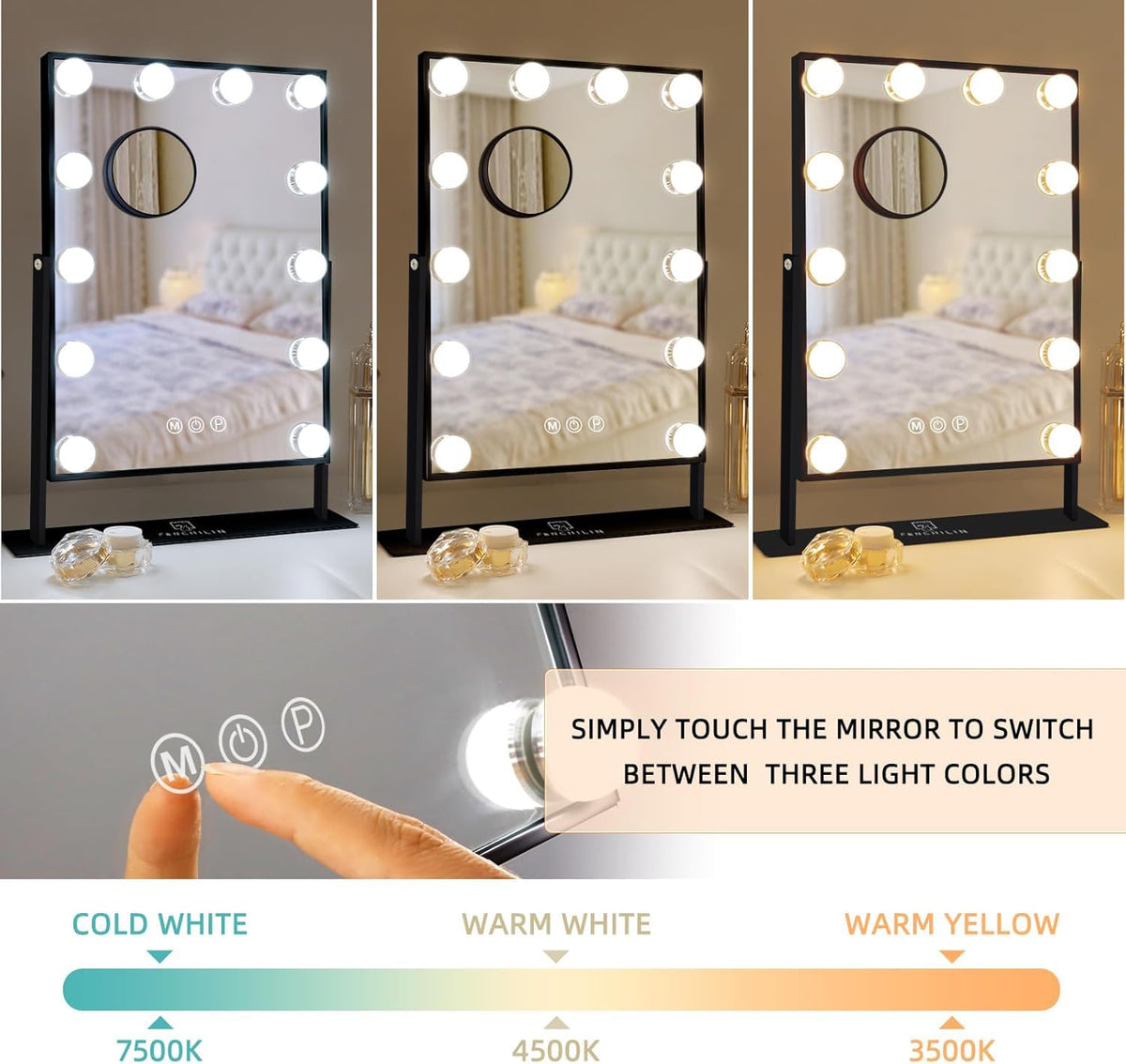Fenchilin vanity mirror smart touch control shown for quick brightness adjustments.