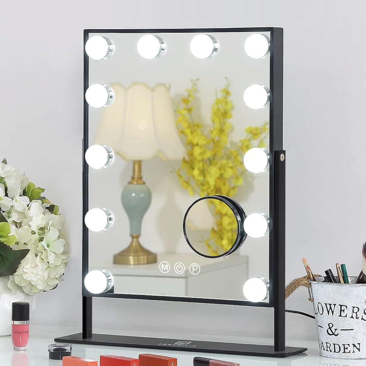 Fenchilin vanity mirror with lights on desk setup for effortless daily makeup routines.