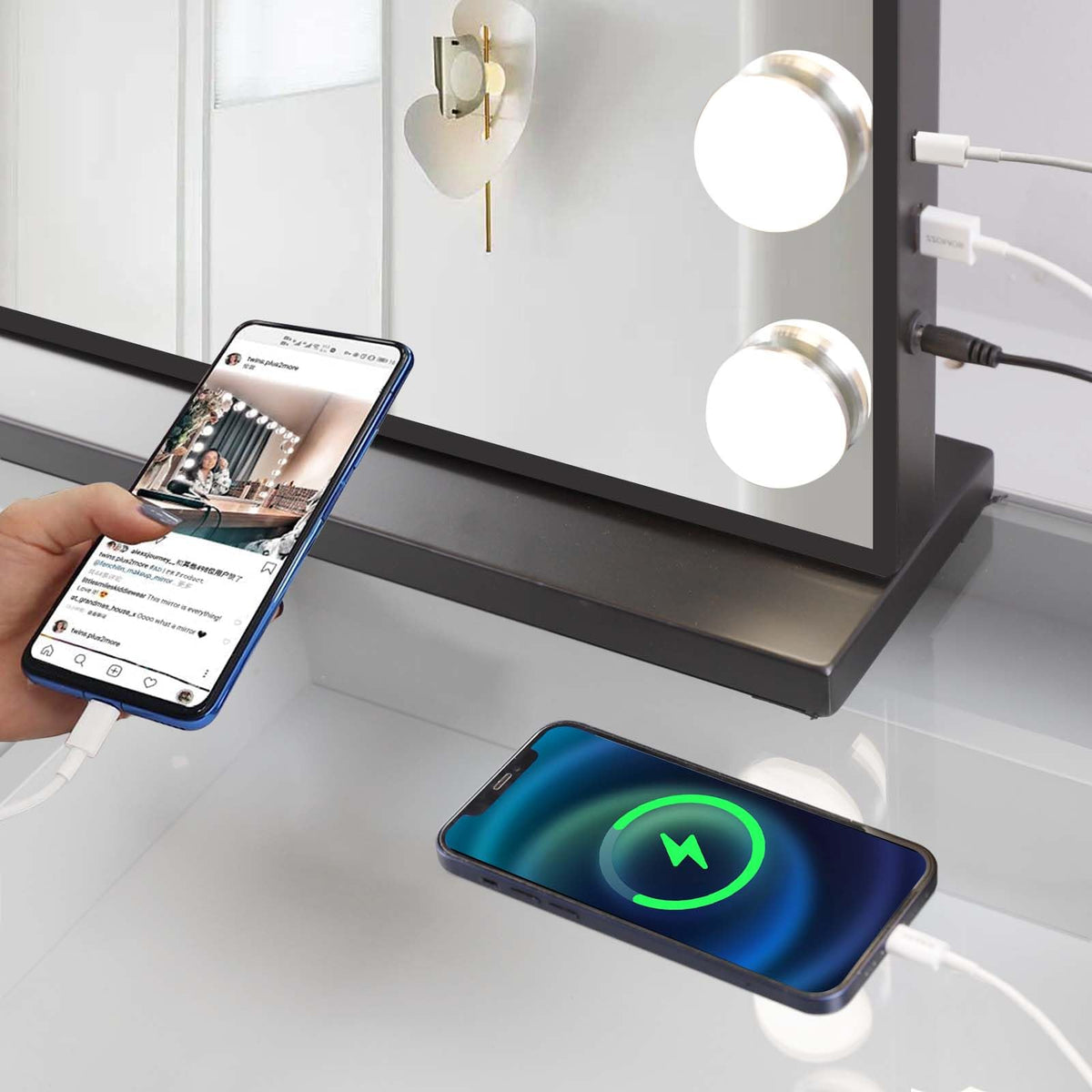 FENCHILIN mirror highlights side USB-C and USB ports for charging