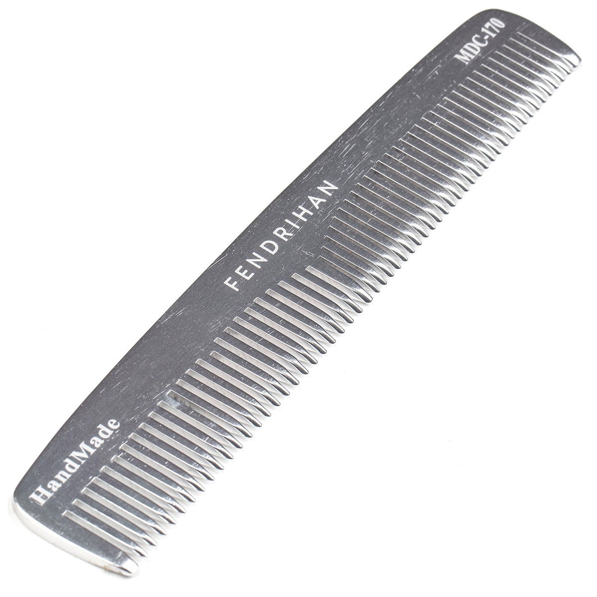 Fendrihan double-tooth comb top view highlights durable metal build for on-the-go grooming