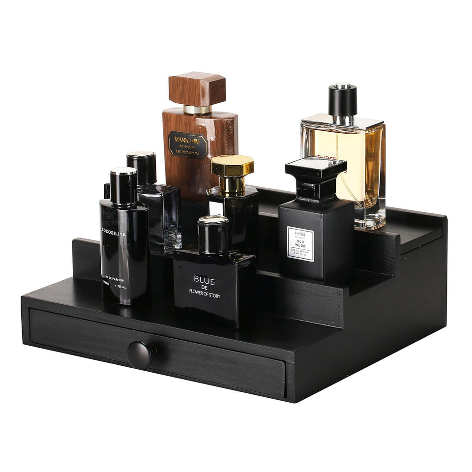 Fengligoo black wooden cologne organizer with three tiers and drawer for neat fragrance storage.