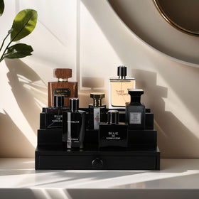 Fengligoo wooden perfume display stand showcasing bottles on a sturdy shelf.