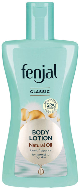 Fenjal Classic bottle close-up showing silky hydration for daily care.