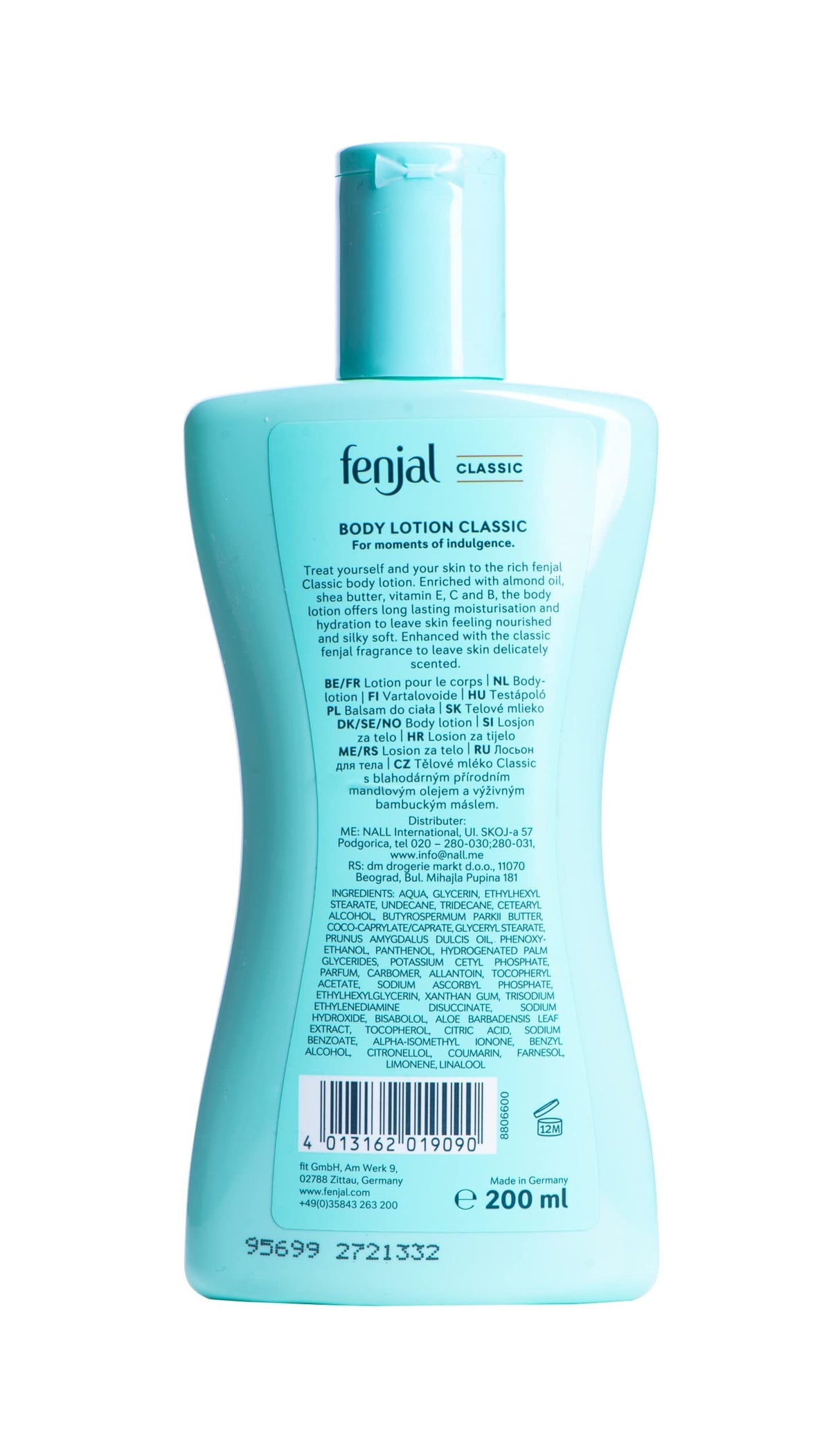Fenjal Classic lotion texture swirl highlights creamy, fast-absorbing hydration.