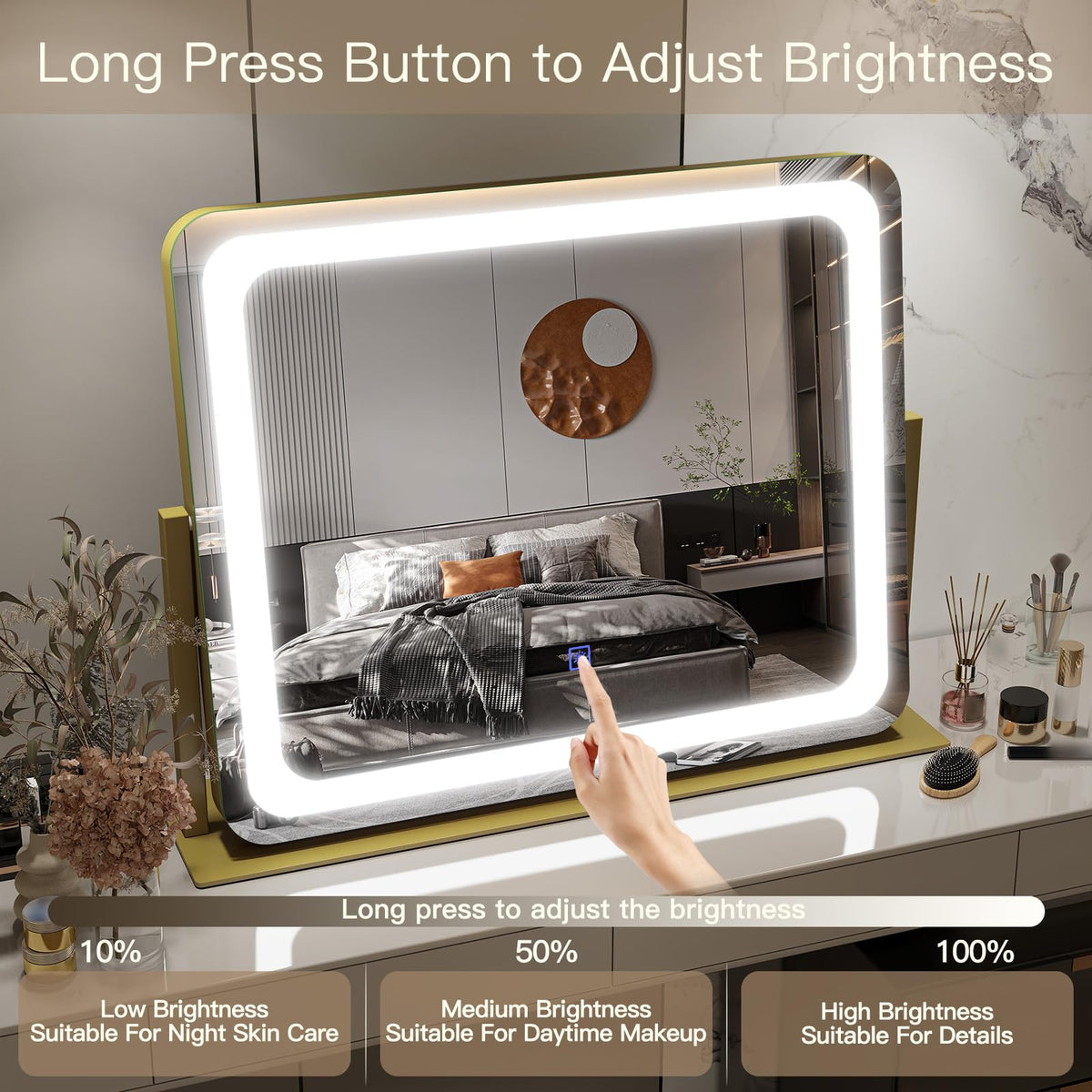 FENNIO Gold vanity mirror offers 360-degree rotation for flexible angles.
