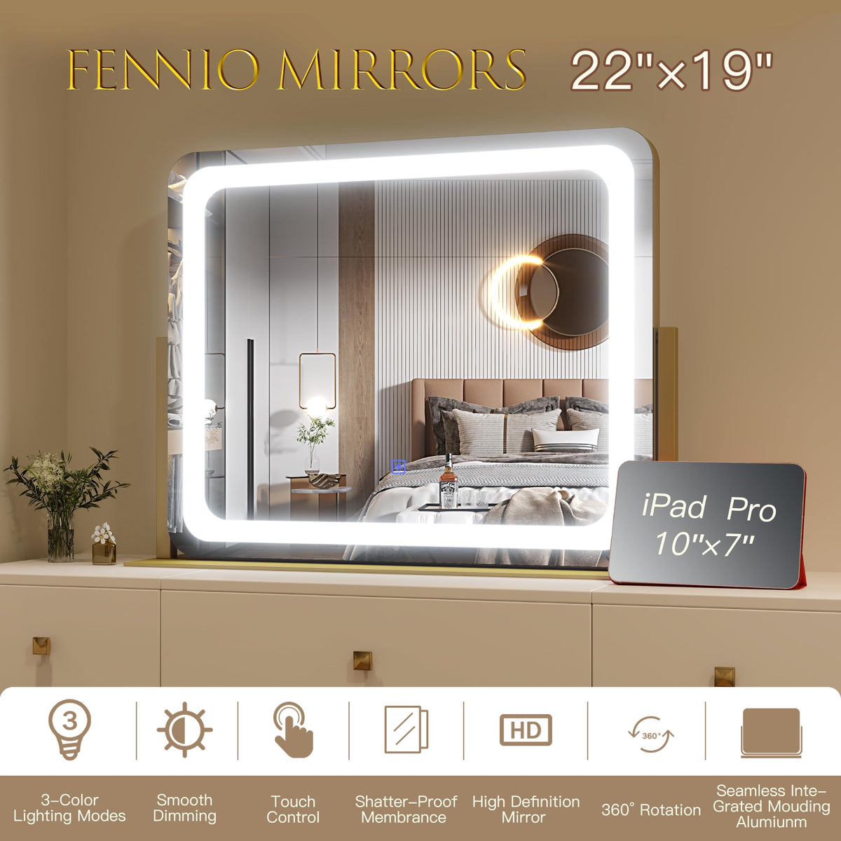 FENNIO Gold vanity mirror aluminum frame for durable daily use.