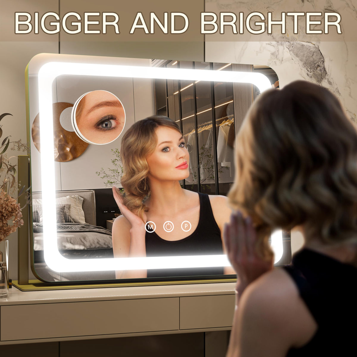 FENNIO Gold vanity mirror with dimmable brightness aids perfect contouring.