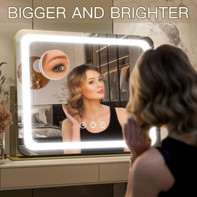 FENNIO Gold vanity mirror with dimmable brightness aids perfect contouring.