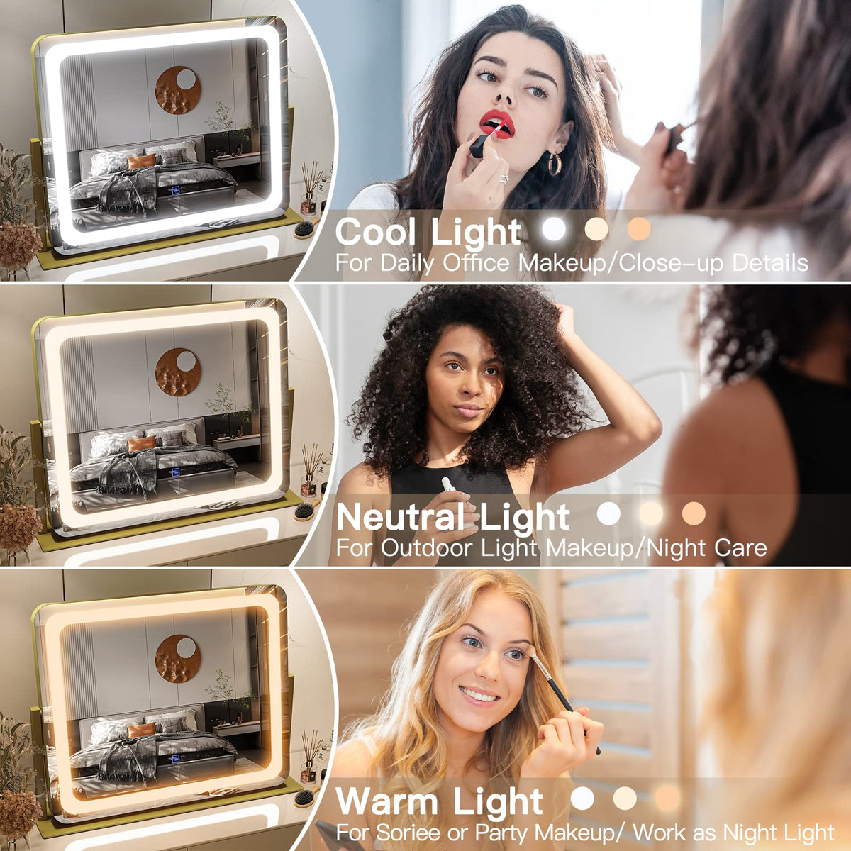 FENNIO Gold vanity mirror LED three-color modes for versatile lighting.