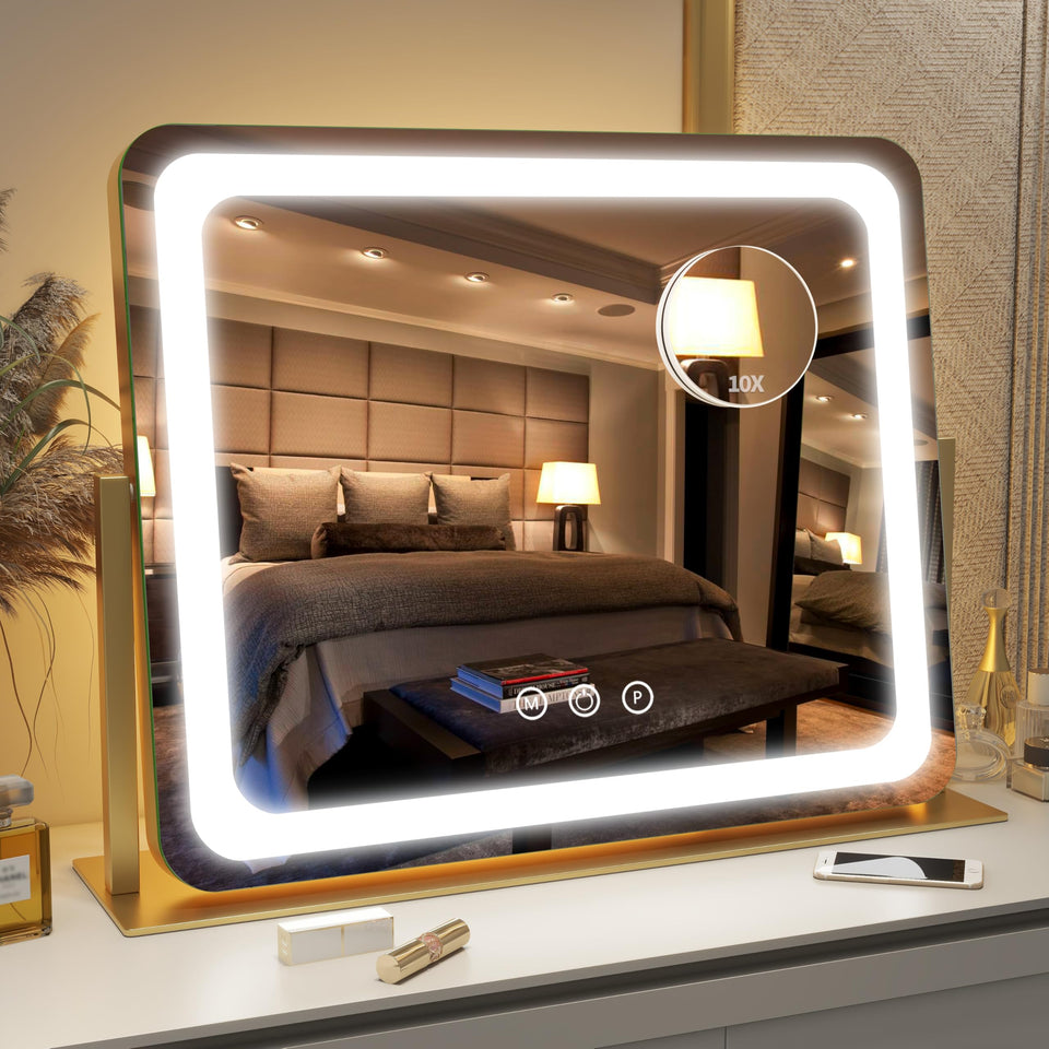 FENNIO Gold vanity mirror with lights in front view for precise makeup.