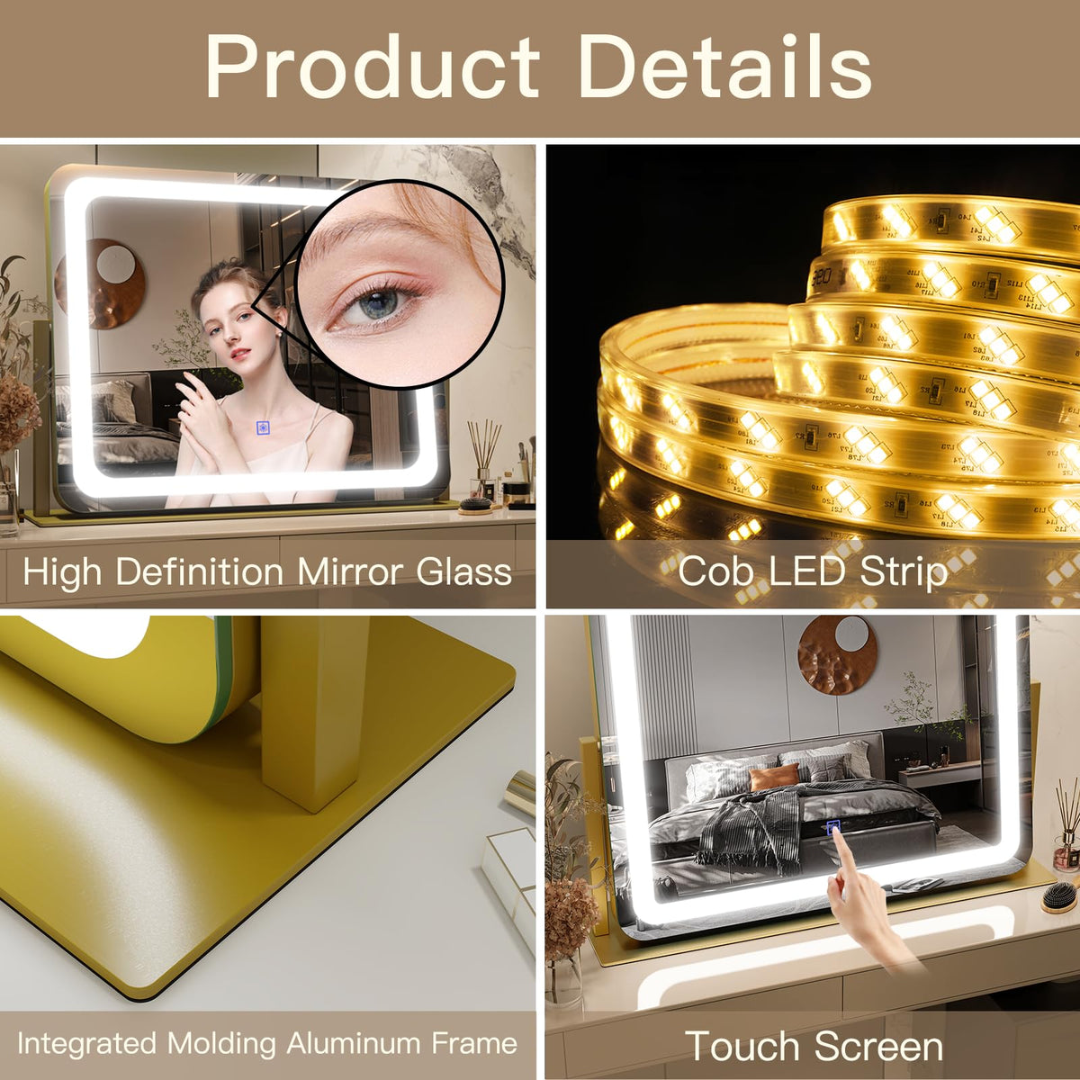 FENNIO Gold vanity mirror smart touch control for easy lighting changes.