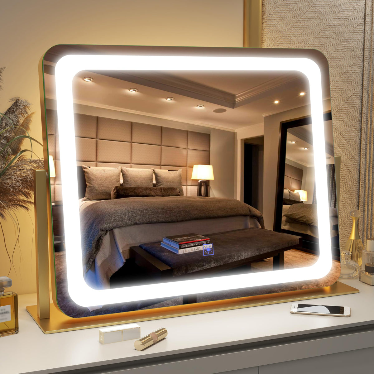FENNIO Gold vanity mirror tabletop design fits desks and dressers.