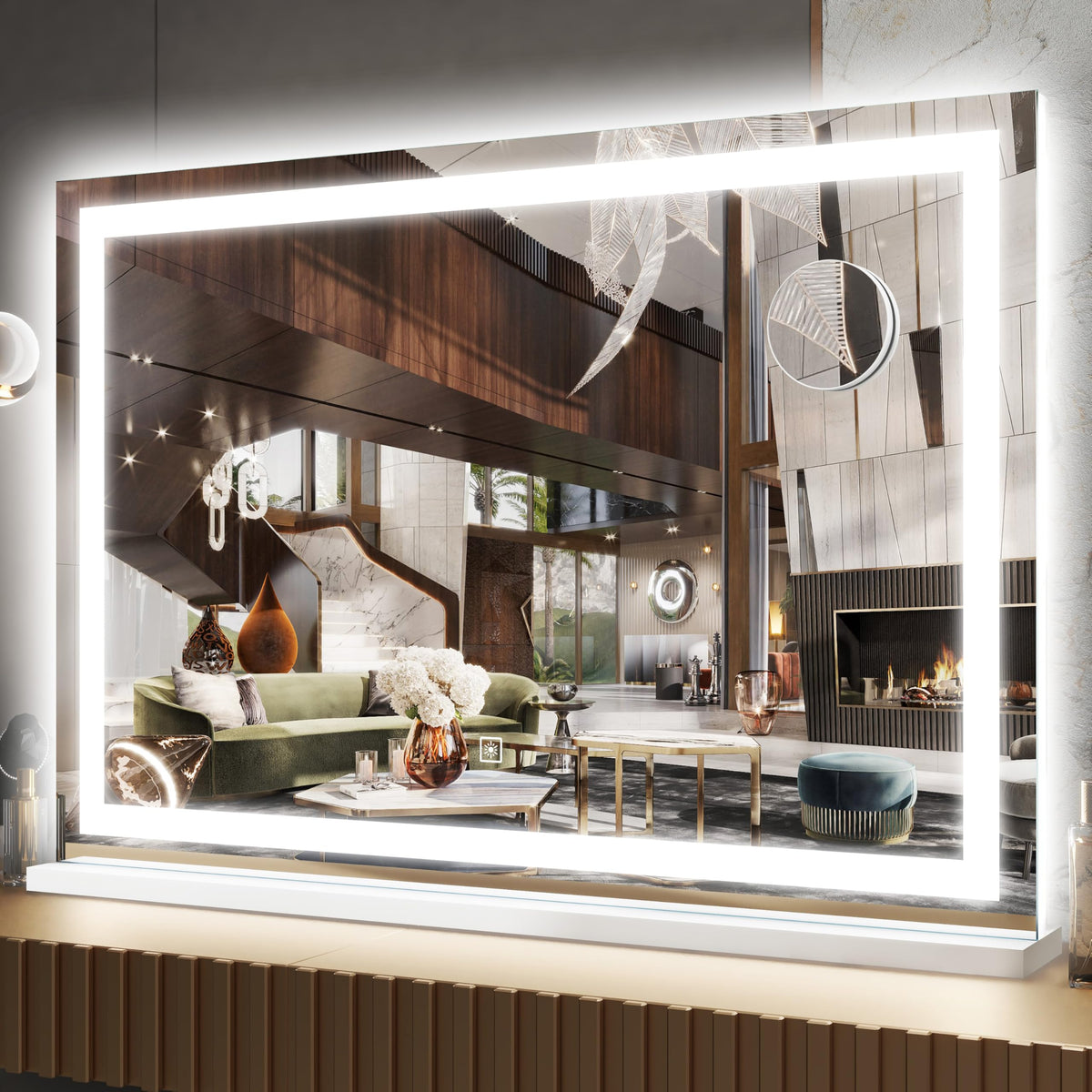 FENNIO large vanity mirror with lights, front view for precise makeup application and even illumination.
