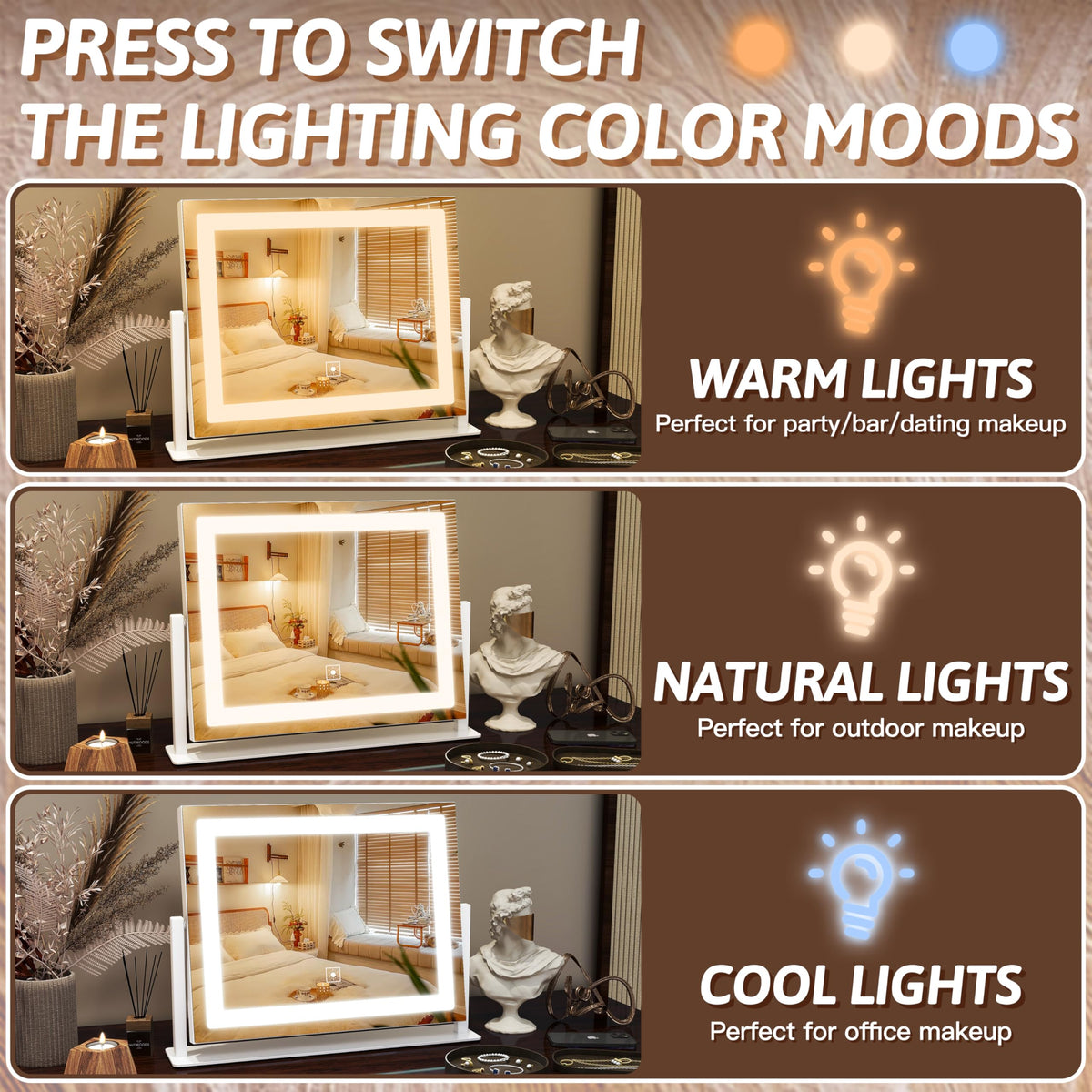 FENNIO vanity mirror three color lighting settings for true-tone makeup